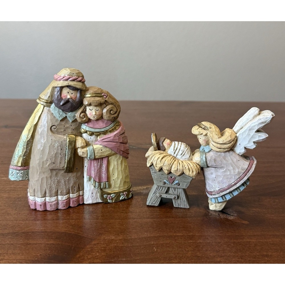 Kurt Adler Nativity Holy Family Set 4.5" T Mary Angel Baby Jesus Folk Art Style